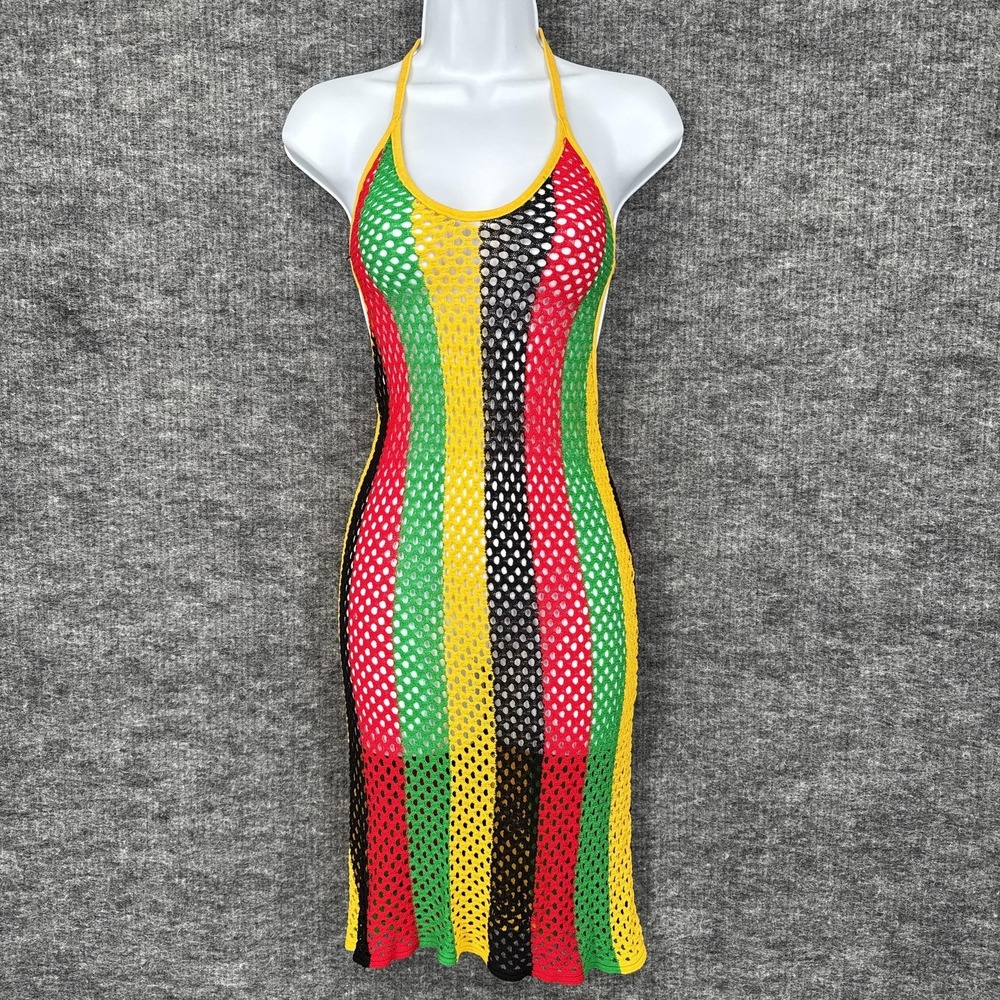 Cleo Cover Up Dress Mini Rasta Stripe Crochet Halter Mesh Beach Swim Sheer